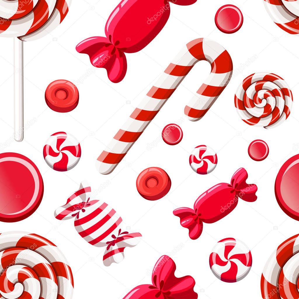 Seamless pattern of red sweetmeats. Hard candy, candy cane, lollipop. Candys in wrapper. Vector illustration on white background. Web site page and mobile app design