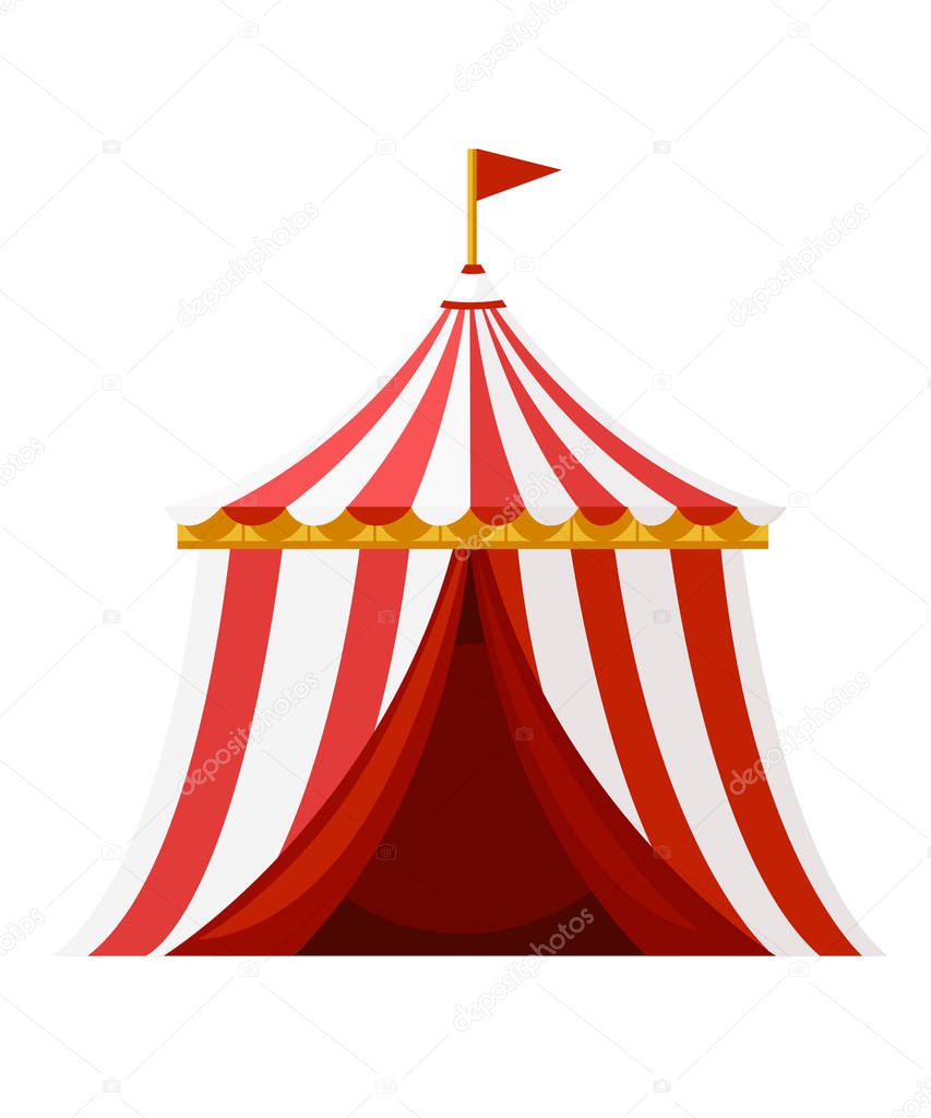 Red circus tent with flag. Amusement park concept. Vector illustration isolated on white background. Website page and mobile app design
