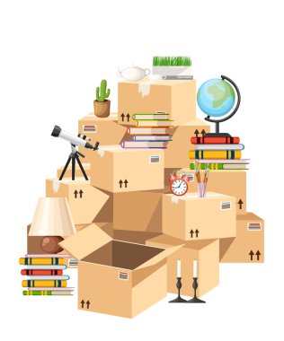 Kutuları yığını. Karton kutular nesneler ile. Hareketli ev kavramı. Beyaz arka plan üzerinde vektör çizim. Web sitesi sayfası ve mobil uygulaması tasarım.