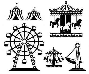 Siyah siluet. Karnaval sirk simgeler kümesi. Eğlence Parkı koleksiyonu. Çadır, carousel, dönme dolap, korsan gemisi. Karikatür tarzı tasarım. Beyaz arka plan üzerinde izole vektör çizim.