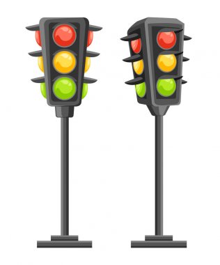 Trafik lambası. Kırmızı, sarı ve yeşil ışıklar ile dikey trafik sinyalleri. Karikatür tarzı tasarım. Beyaz arka plan üzerinde izole vektör çizim. Web sitesi sayfası ve mobil uygulaması tasarım.