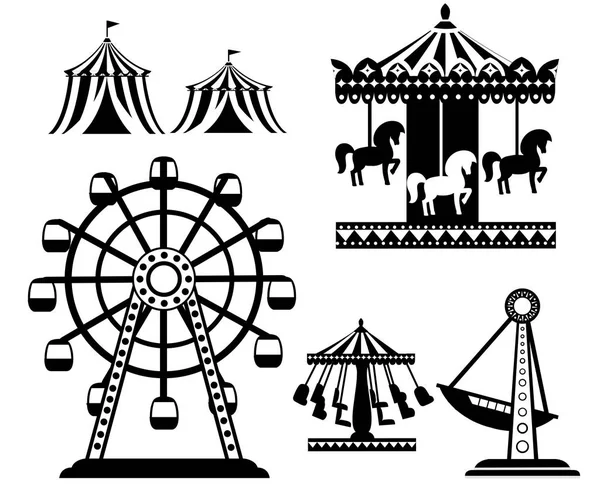 黑色剪影 一套嘉年华马戏团的图标 游乐园收藏 旋转木马 摩天轮 海盗船 卡通风格设计 在白色背景上隔离的矢量插图 — 图库矢量图片