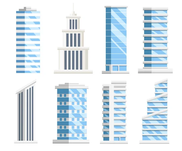 Set Van Blauwe Wolkenkrabbers Zakelijke Gebouw Collectie Stad Designelementen Vectorillustratie — Stockvector