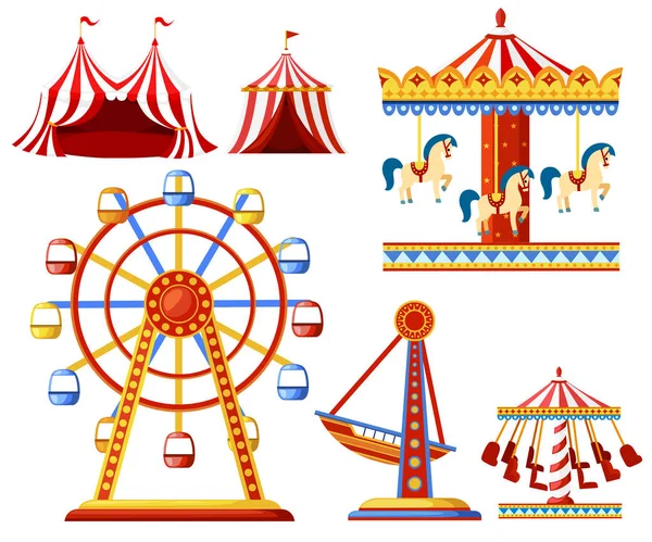 Karnevalszirkus-Ikonen. Vergnügungspark Sammlung. Zelt, Karussell, Riesenrad, Piratenschiff. Cartoon-Design. Vektor-Illustration isoliert auf weißem Hintergrund — Stockvektor