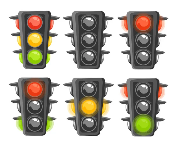Trafik ışığı sıra kümesi. Kırmızı, sarı ve yeşil ışıklar ile dikey trafik sinyalleri. Karikatür tarzı tasarım. Beyaz arka plan üzerinde izole vektör çizim. Web sitesi sayfası ve mobil uygulaması tasarım — Stok Vektör