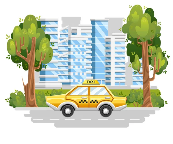 Gele taxi auto. Taxi-service. Auto op weg in de moderne stad. Blauwe gebouwen met groene bomen en struiken. Cartoon stijl ontwerp. Vectorillustratie geïsoleerd op witte achtergrond — Stockvector