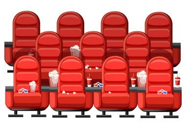 Sinema kavramı. Konferans salonu ve üç sıra sinemada kırmızı rahat koltuklar. İçecekler ve patlamış mısır, gözlük film için. Beyaz arka plan üzerinde vektör çizim. Web sitesi sayfası ve mobil uygulaması