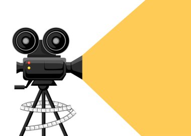 Retro film projektör gönderen. Çizgi film vektör çizim. Sinema kavramı. Film makaraları ile film projektör. Beyaz arka plan üzerinde vektör çizim. Web sitesi sayfası ve mobil uygulaması
