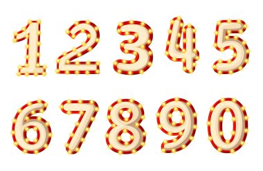 Işıklı retro sayı kümesi. Karikatür tarzı tasarım. Sarı ışık Ampüller ve kırmızı inme. Beyaz arka plan üzerinde izole vektör çizim. Web sitesi sayfası ve mobil uygulaması tasarım