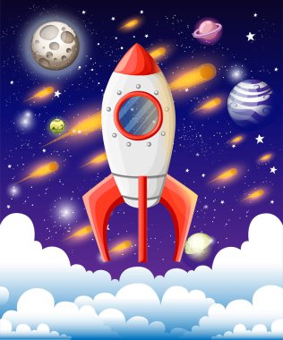 Roket uzayda. Uzay gemisi bulutlar yüksek. Meteor yağmuru, yıldızlar, ay ve gezegenler arka plan üzerinde. Vektör çizim karikatür tarzı tasarım. Web sayfası ve mobil uygulaması tasarım