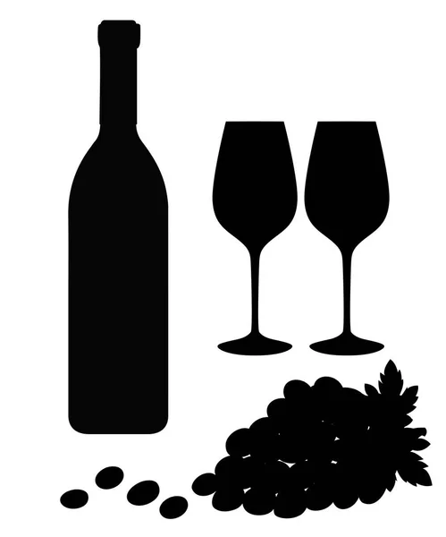 Schwarze Silhouette. Vektor Trauben Brunch mit Blättern, Weinglas und Flasche Wein Illustration. Vektor-Illustration isoliert auf weißem Hintergrund. Webseite und mobile App — Stockvektor
