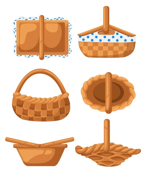 Set of wicker baskets. View from different angles. Vector illustration isolated on white background. Website page and mobile app design — Stock Vector