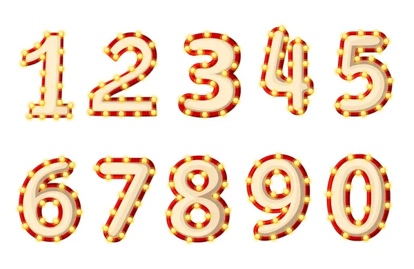 Set of lighted retro numbers. Cartoon style design. Yellow light bulbs and red stroke. Vector illustration isolated on white background. Web site page and mobile app design Stock Illustration