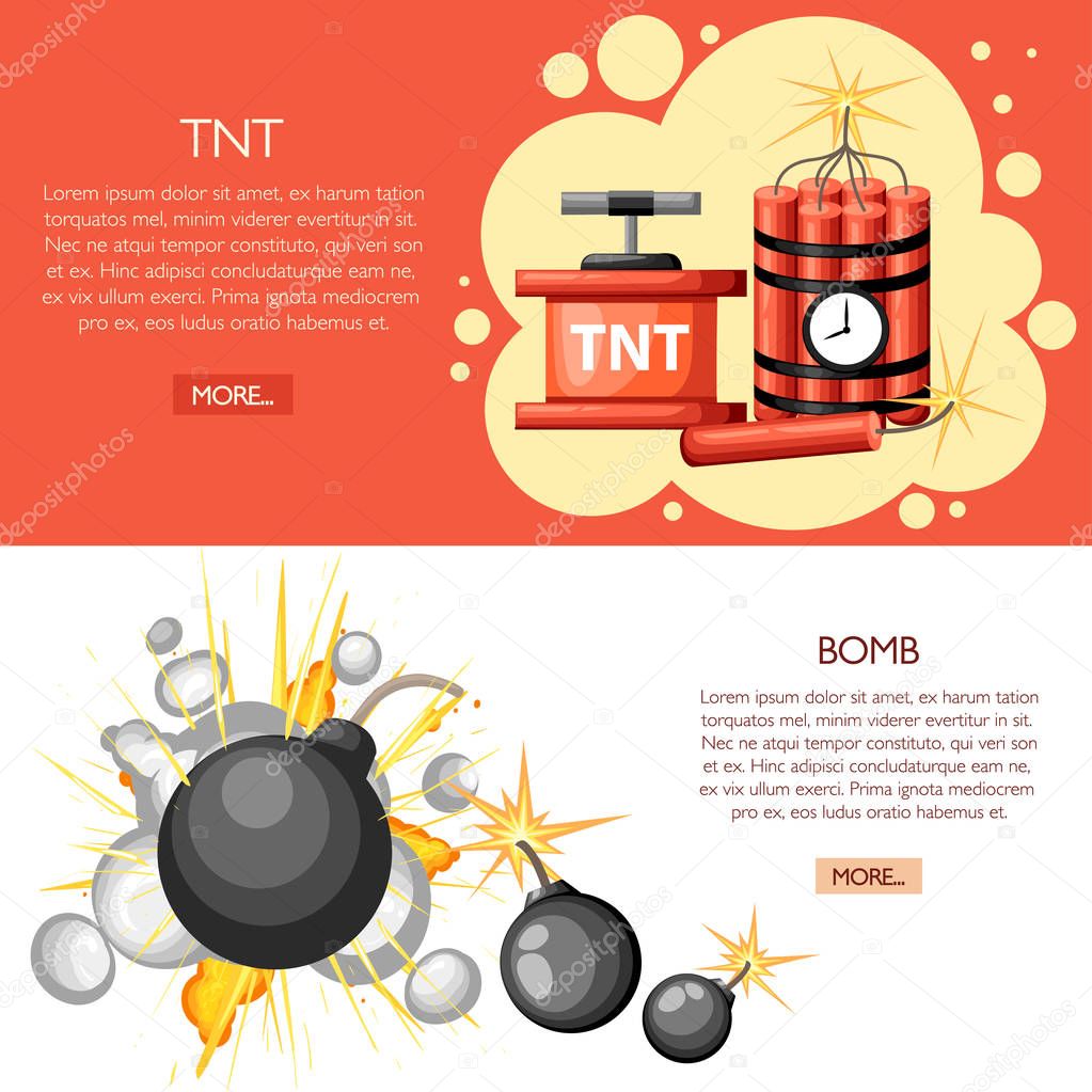 Dynamite with clock, dynamite sticks and vintage bomb. Cartoon style design. Vector illustration on white and red background. Web site page and mobile app design