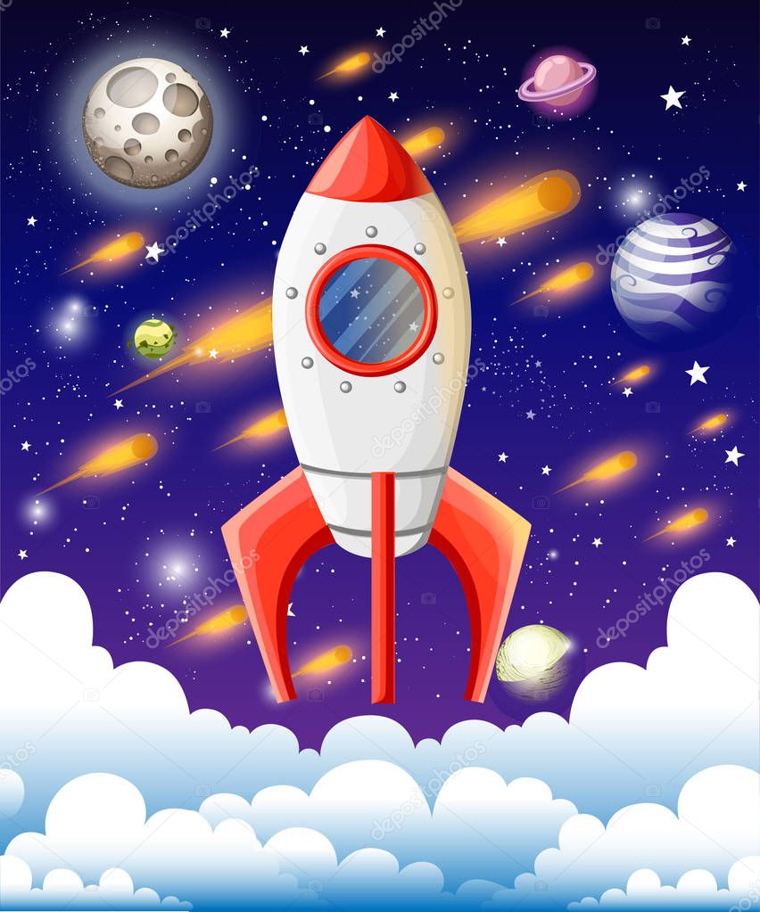 Rocket in space. Space ship higher than clouds. Meteor shower, stars, moon and planets on background. Vector illustration in cartoon style design. Website page and mobile app design