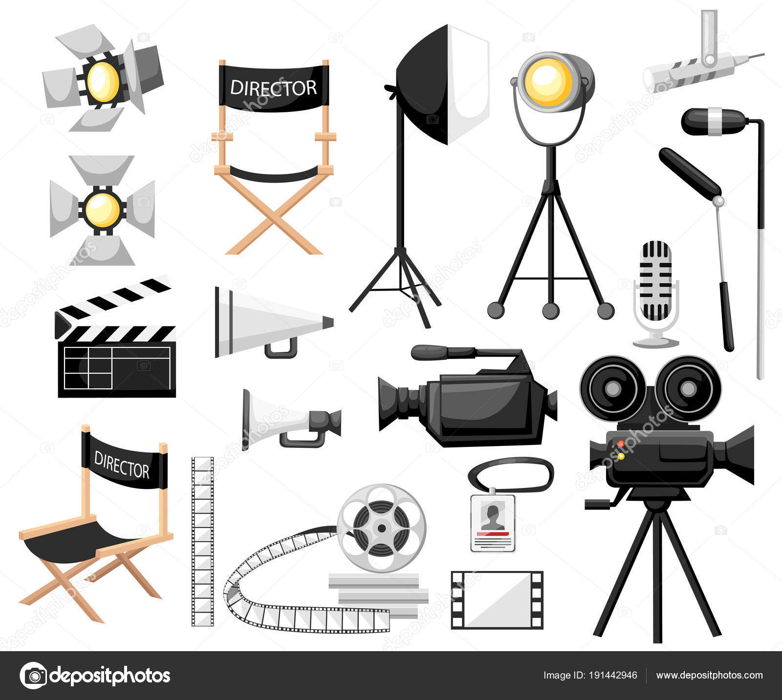 Colección de cinematografía. Hacer un conjunto de iconos de dibujos  animados de película. Director de silla, cámara de cine con carretes de  película, reflector, megáfono y claqueta. Concepto de cine vintage Vector