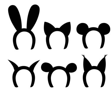 Siyah siluet. Maske kedi, tavşan, geyik boynuzu ve kulakları ayarlayın. Beyaz vektör çizim düz tasarım stil vektör çizim üzerinde izole