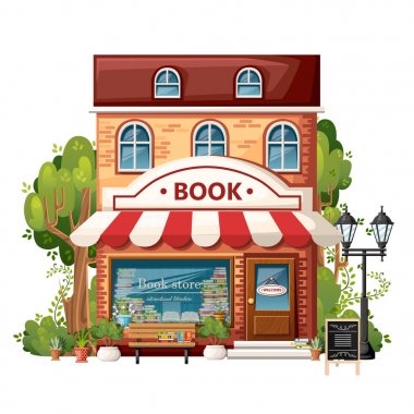 Kitap dükkanı Önden Görünüm. Şehir tasarım öğeleri. Karikatür tarzı tasarım. Kitap mağazaları ile hoş geldiniz işareti, tezgah, sokak lambası, yeşil çalılar ve ağaçlar. Beyaz arka plan üzerinde vektör çizim