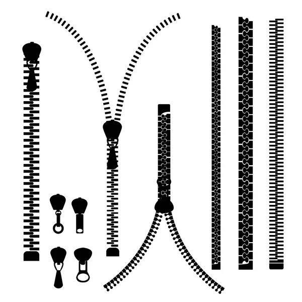 Sílhueta preta. Ícone de vetor fechado e zíper aberto, fixador. Conjunto de fecho. Fecho de metal. Ilustração vetorial isolada sobre fundo branco. Página do site e design de aplicativos móveis —  Vetores de Stock