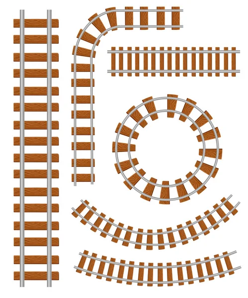 Satz von Vektorbahn- und Gleisbauelementen. gerades und gekrümmtes Gleis. Gleisbauwerk für den Zugverkehr. Vektor-Illustration isoliert auf weißem Hintergrund — Stockvektor