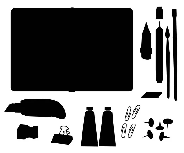 黒のシルエット。セットの場合メモ帳、文房具。白い背景に分離されたカッター、鉛筆、ブラシ、接着剤、消しゴム、マーカー、鉛筆削り、ボタン、ペーパー クリップのベクトル図 — ストックベクタ