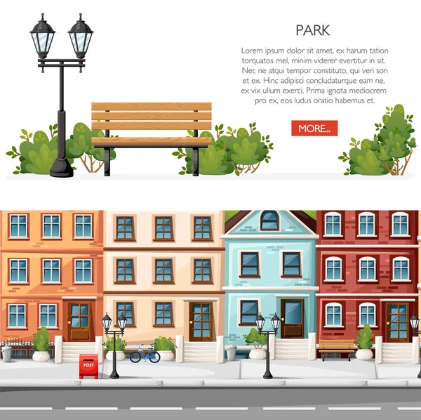 Bankje met struiken en lantaarn. Cartoon stijl ontwerp. Park en stad straat concept. Vectorillustratie op witte achtergrond. Pagina website en mobiele app design — Stockvector