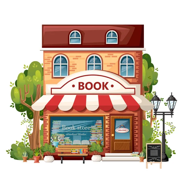 Book shop front view. City design elements. Cartoon style design. Book store with welcome sign, bench, streetlight, green bushes and trees. Vector illustration on white background — Stock Vector