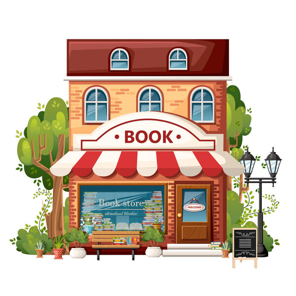 Book shop front view. City design elements. Cartoon style design. Book store with welcome sign, bench, streetlight, green bushes and trees. Vector illustration on white background