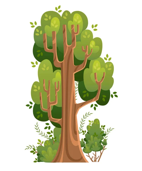 Árbol de verano y arbustos en estilo de dibujos animados. Espacios verdes. Ilustración vectorial aislada sobre fondo blanco. Página del sitio web y diseño de aplicaciones móviles — Archivo Imágenes Vectoriales