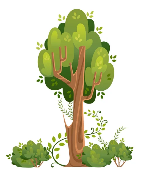 Árbol de verano y arbustos en estilo de dibujos animados. Espacios verdes. Ilustración vectorial aislada sobre fondo blanco. Página del sitio web y diseño de aplicaciones móviles — Archivo Imágenes Vectoriales