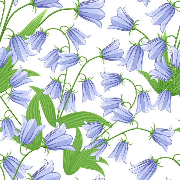 Seamless pattern of bluebells. Bluebell flowers with green leaves. Vector illustration on white background — Stock Vector