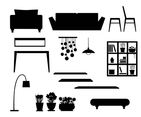 Schwarze Silhouette. Wohnmöbel. Lampen, Schreibtisch, Stühle, Sofa, Topfpflanzen und Regal. Vektor-Illustration isoliert auf weißem Hintergrund. Webseite und mobiles App-Design — Stockvektor