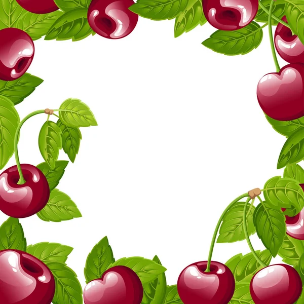 Вишневая ягода. Векторная иллюстрация вишни с зелеными листьями. Векторная иллюстрация для декоративного плаката, эмблемы натурального продукта, фермерского рынка. Веб-сайт и дизайн мобильных приложений — стоковый вектор