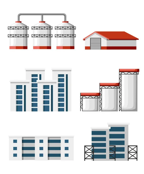 Set van magazijn. De bouw van industriële gebouwen en graan terminal. Set van magazijn gebouw en levering vrachtwagen afbeelding. Vectorillustratie geïsoleerd op witte achtergrond — Stockvector