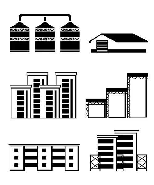 黒のシルエット。倉庫のセットです。工業用建物建設、穀物ターミナル。倉庫建物と配送トラックのイラストのセット。白い背景で隔離のベクトル図 — ストックベクタ