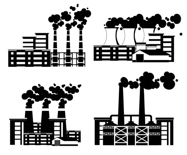 黑色剪影。一套有烟管的工厂。环境污染问题。地球工厂用碳气体污染。矢量平面图。在白色背景上隔离的矢量插图 — 图库矢量图片