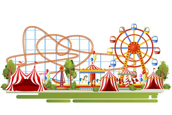 Parco divertimenti. Disegno in stile cartone animato. Roller coaster, giostra, nave pirata e tende rosse. Illustrazione vettoriale su sfondo bianco. Pagina web e design delle app per dispositivi mobili — Vettoriale Stock