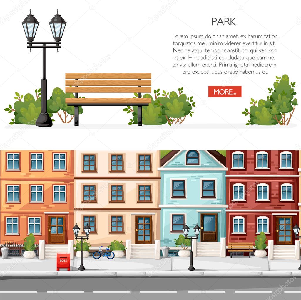 Bench with bushes and lantern. Cartoon style design. Park and city street concept. Vector illustration on white background. Web site page and mobile app design