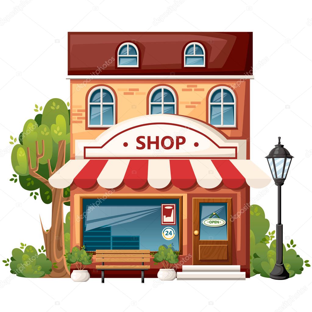 Shop front view. City design elements. Cartoon style design. Store with open sign, bench, streetlight, green bushes and trees. Vector illustration on white background