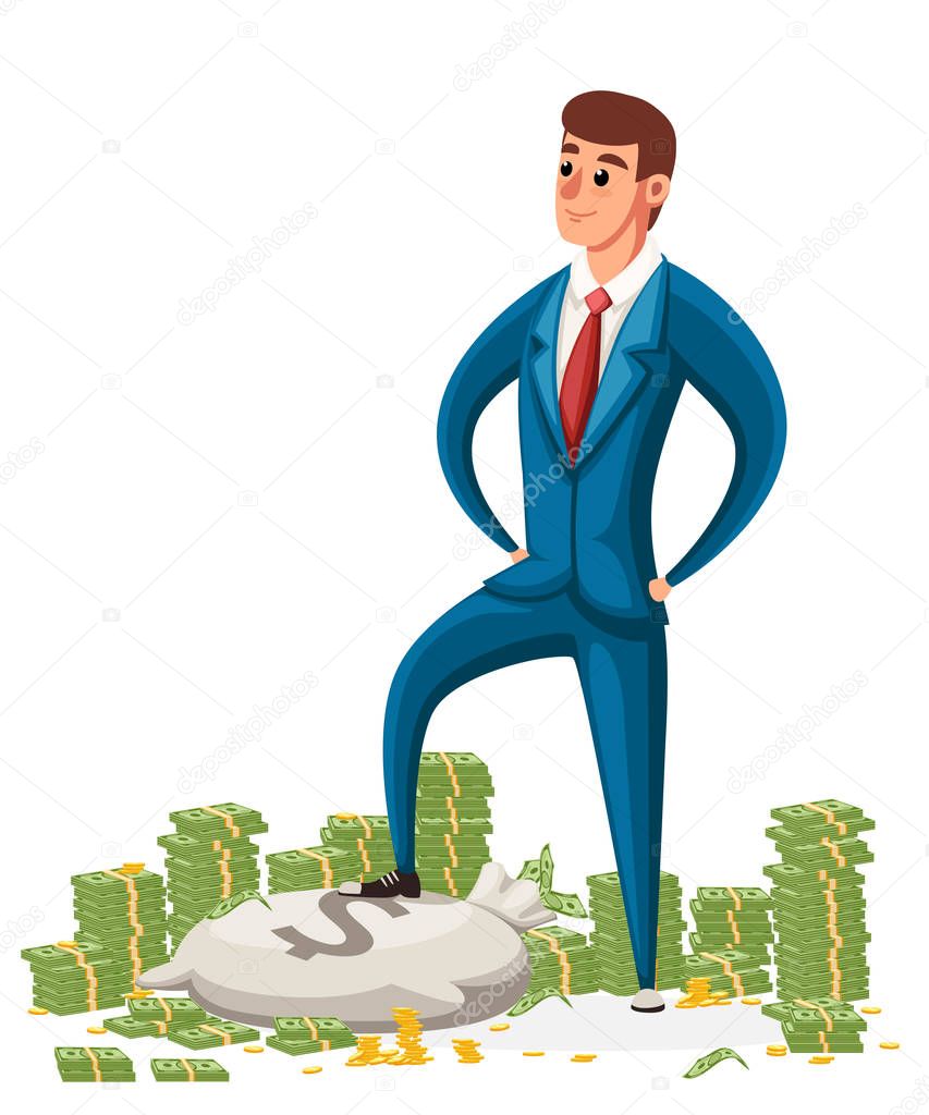 Businessman stand on a pile of money. Businessman in blue suit. Cartoon style character design. Vector illustration on white background. Website page and mobile app design