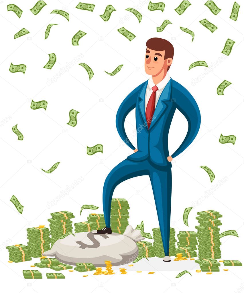 Businessman stand on a pile of money. Businessman standing under money rain. Cartoon style character design. Vector illustration on white background. Website page and mobile app design