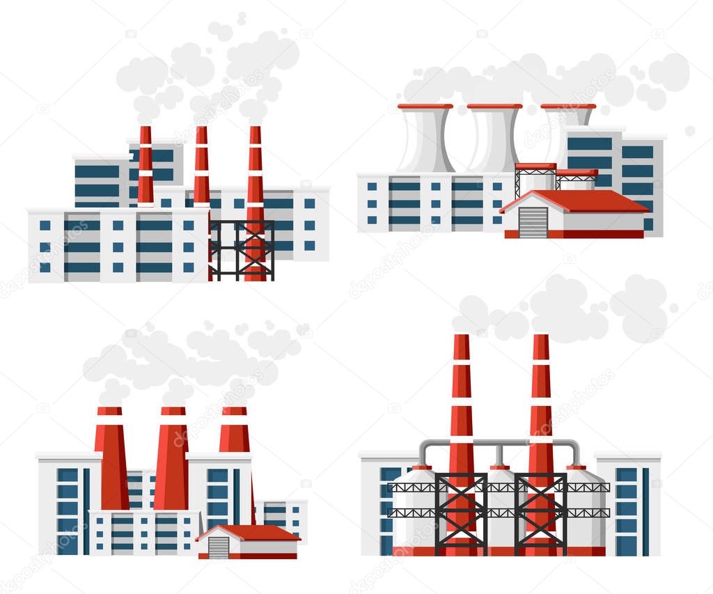 Set of factories with smoke pipes. Environmental pollution problem. Earth factory pollute with carbon gas.Vector flat illustration. Vector illustration isolated on white background