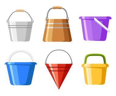 Kova kümesi. Kova çeşitli. Su veya kum renkli konteynerler. Karikatür tarzı tasarım. Beyaz arka plan üzerinde izole vektör çizim. Web sitesi sayfası ve mobil uygulaması tasarım