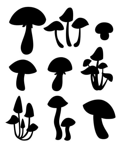 Black silhouette. Decorative mushrooms illustration. Cartoon style design. Vector illustration isolated on white background. Web site page and mobile app design