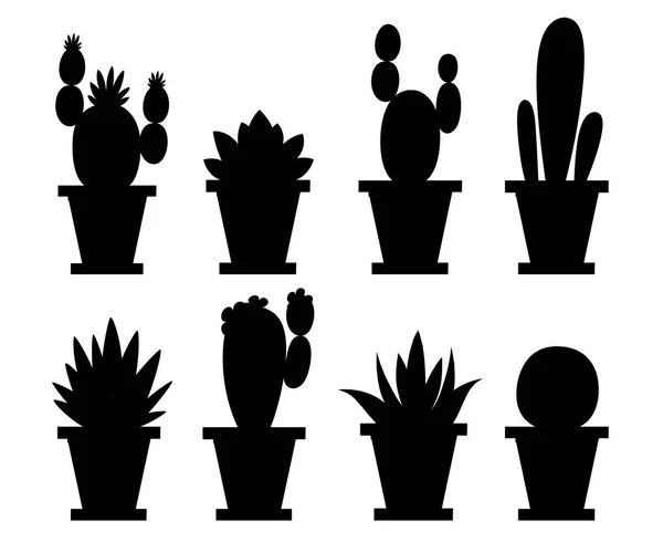 黒のシルエット。花と装飾的なサボテンのセットです。家の植物サボテン鉢と花。様々 な装飾的な花。白い背景で隔離のベクトル図 — ストックベクタ