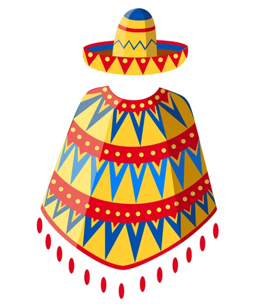 ソンブレロ漫画メキシコ帽子とポンチョ男シルエット。ビンテージ党のシンボルを装飾されています。ベクター グラフィックは、白い背景で隔離。Web サイトのページとモバイル アプリの設計 — ストックベクタ
