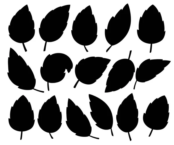Σετ μαύρα φύλλα. Διάφορα σχήματα από φύλλα δέντρων και φυτών. Άνθη, φυλλώματα σχεδιαστικά στοιχεία. Εικονογράφηση διάνυσμα που απομονώνονται σε λευκό φόντο. Ιστοσελίδα σελίδα και ο σχεδιασμός της εφαρμογής για κινητά — Διανυσματικό Αρχείο