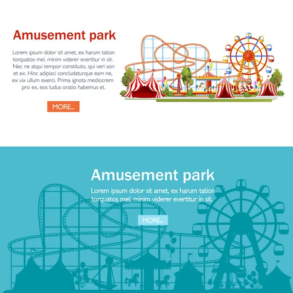 Eğlence Parkı. Karikatür tarzı tasarım. Roller coaster, carousel, korsan gemisi ve kırmızı çadır. Beyaz arka plan üzerinde vektör çizim. Eğlence kavramının. Web sitesi sayfası ve mobil uygulaması tasarım — Stok Vektör