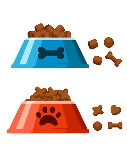 Μπολ ξηρά τροφή του σκύλου. Οστών σχήμα πατατάκια. Κόκκινο και μπλε κατοικίδιο ζώο μπόλ με ξηρά τροφή. Εικονογράφηση διάνυσμα που απομονώνονται σε λευκό φόντο. Σελίδα τοποθεσίας Web και σχεδίαση εφαρμογής για κινητά — Διανυσματικό Αρχείο
