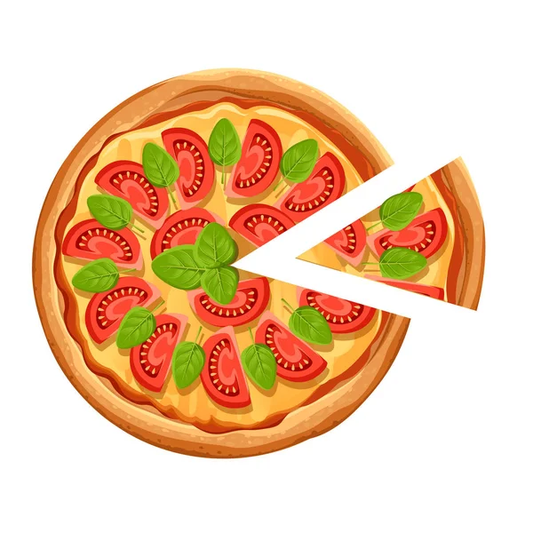 슬라이스 피자입니다. 토마토, 치즈, 오 레가 노와 마르게리타 피자. 포스터 디자인, 레스토랑, 카페, 피자에 대 한. 흰색 바탕에 텍스트에 대 한 장소를 격리 하는 벡터 일러스트 레이 션 — 스톡 벡터